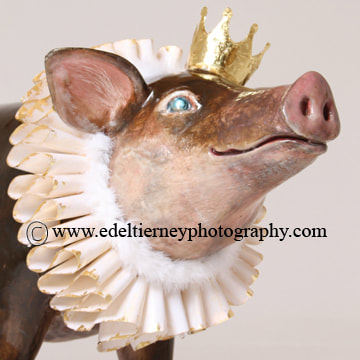 SOLD: St Maeldoid Pig. (Baba Muc) Jack & Jill Foundation. Pigs on Parade. Studio Shot. Encaustic, Oil Paint, Paper and Gold leaf Ruff and Crown with beads, Papier Mache stones. 3ft x 4ft.